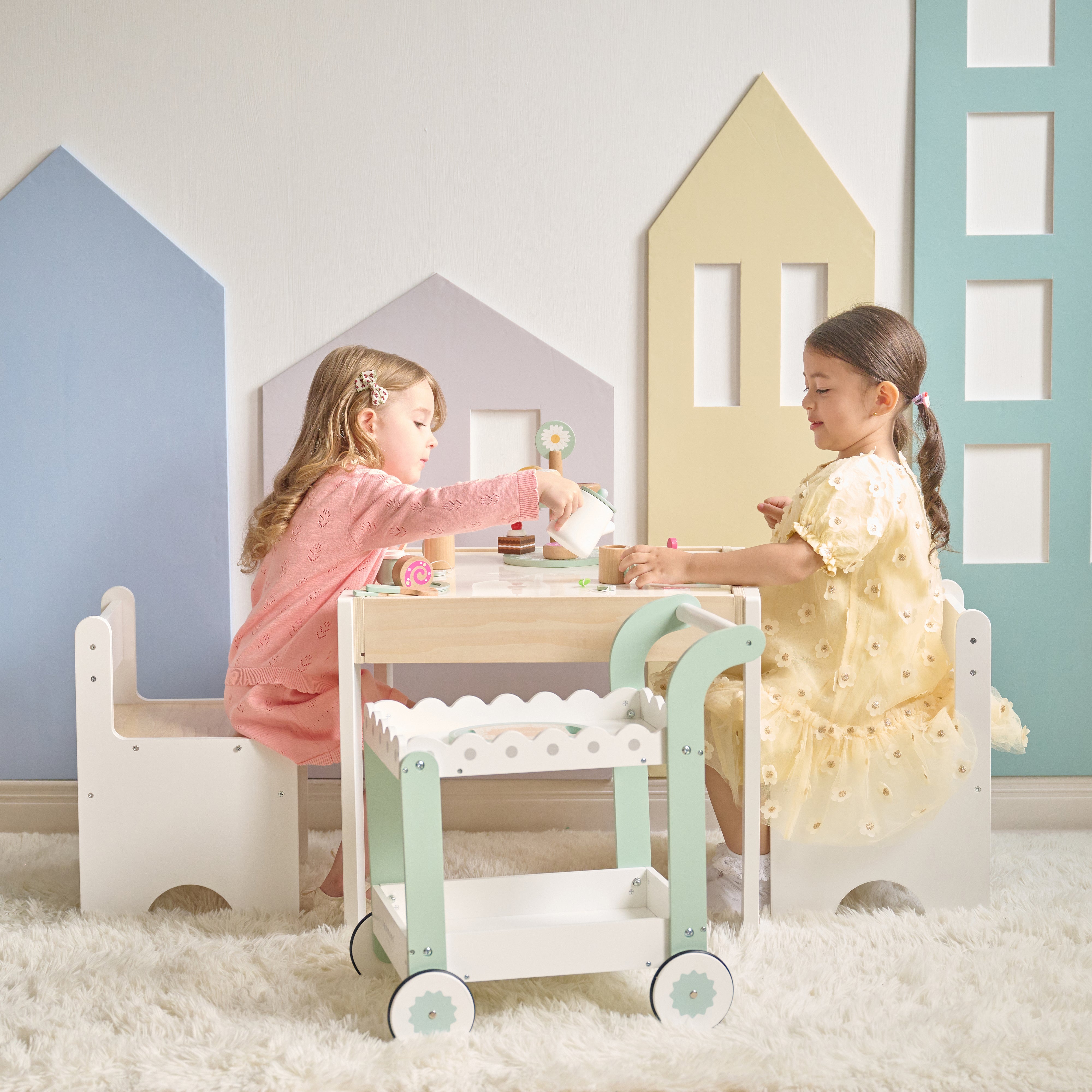 Afternoon Sip Wood Dessert Cart with 21 Pieces & Rotatable Wheels - Image 3