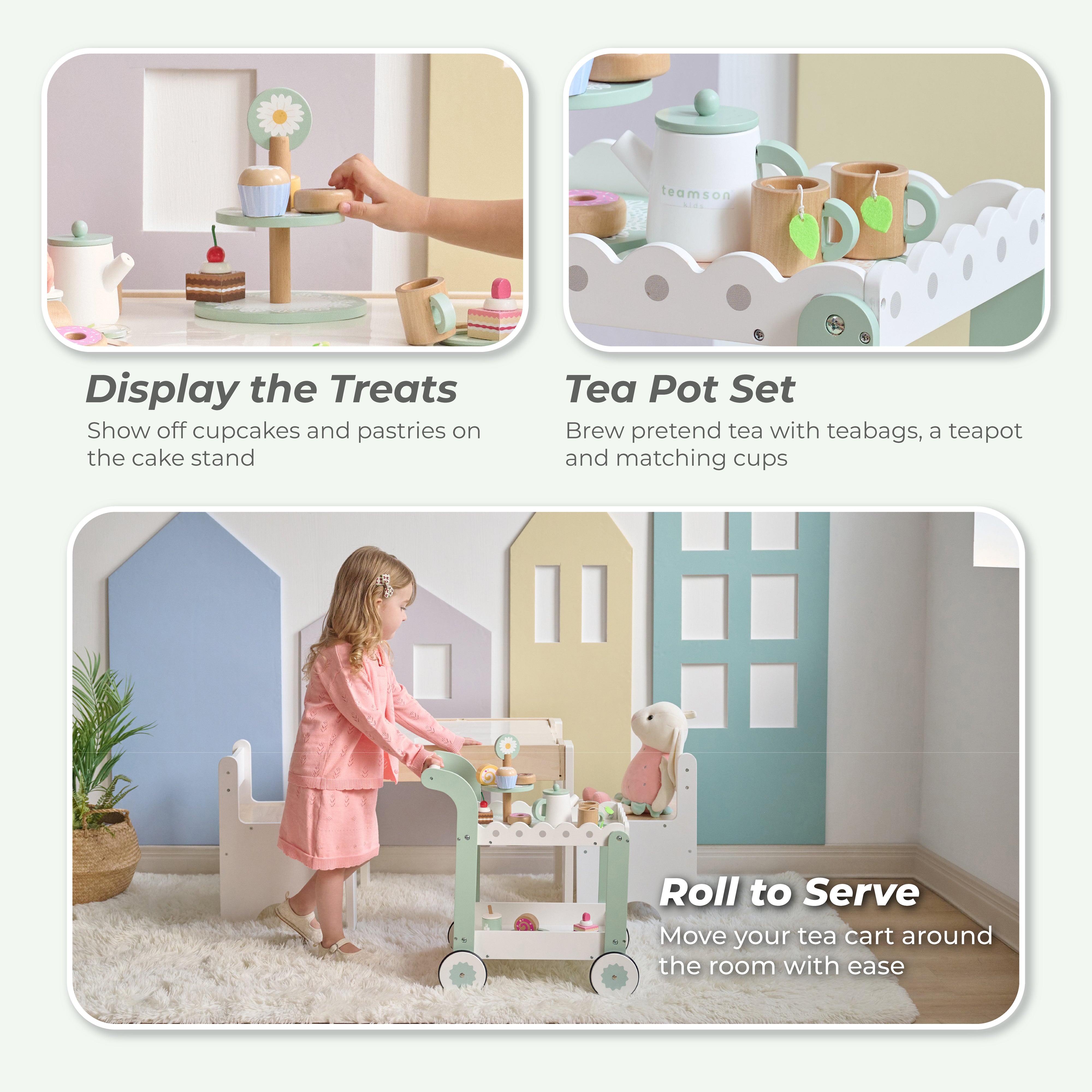 Afternoon Sip Wood Dessert Cart with 21 Pieces & Rotatable Wheels - Image 4