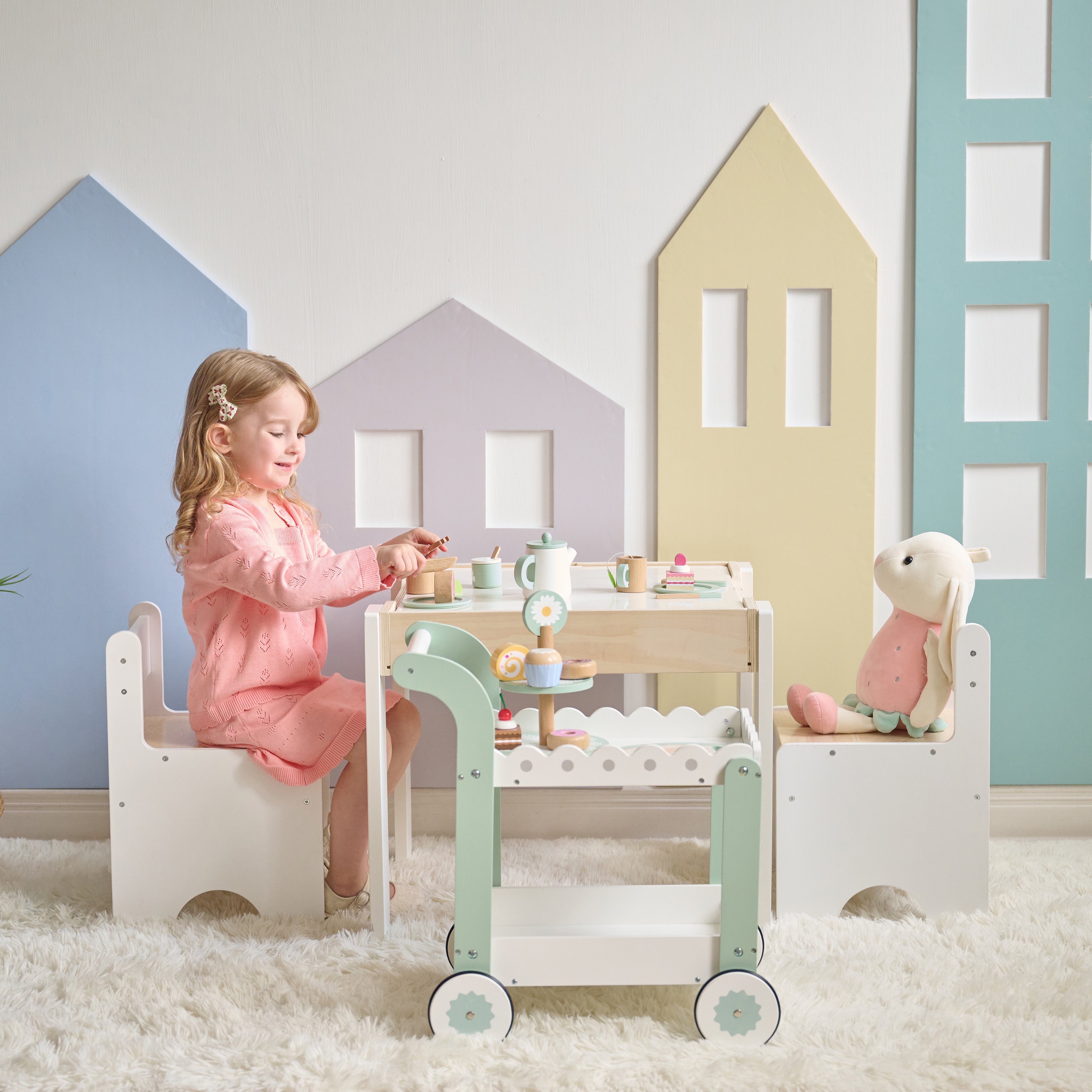 Afternoon Sip Wood Dessert Cart with 21 Pieces & Rotatable Wheels - Image 5