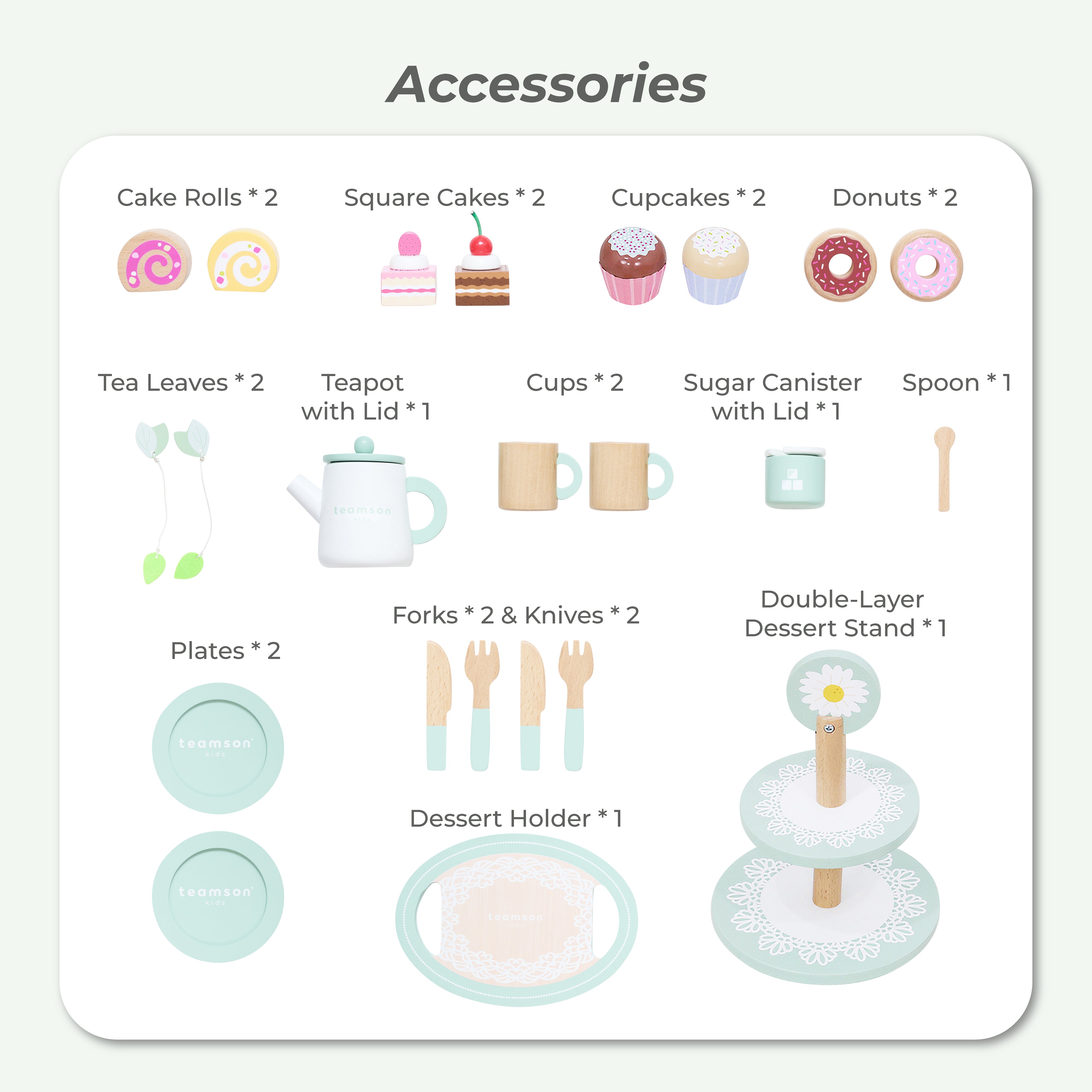 Afternoon Sip Wood Dessert Cart with 21 Pieces & Rotatable Wheels - Image 6