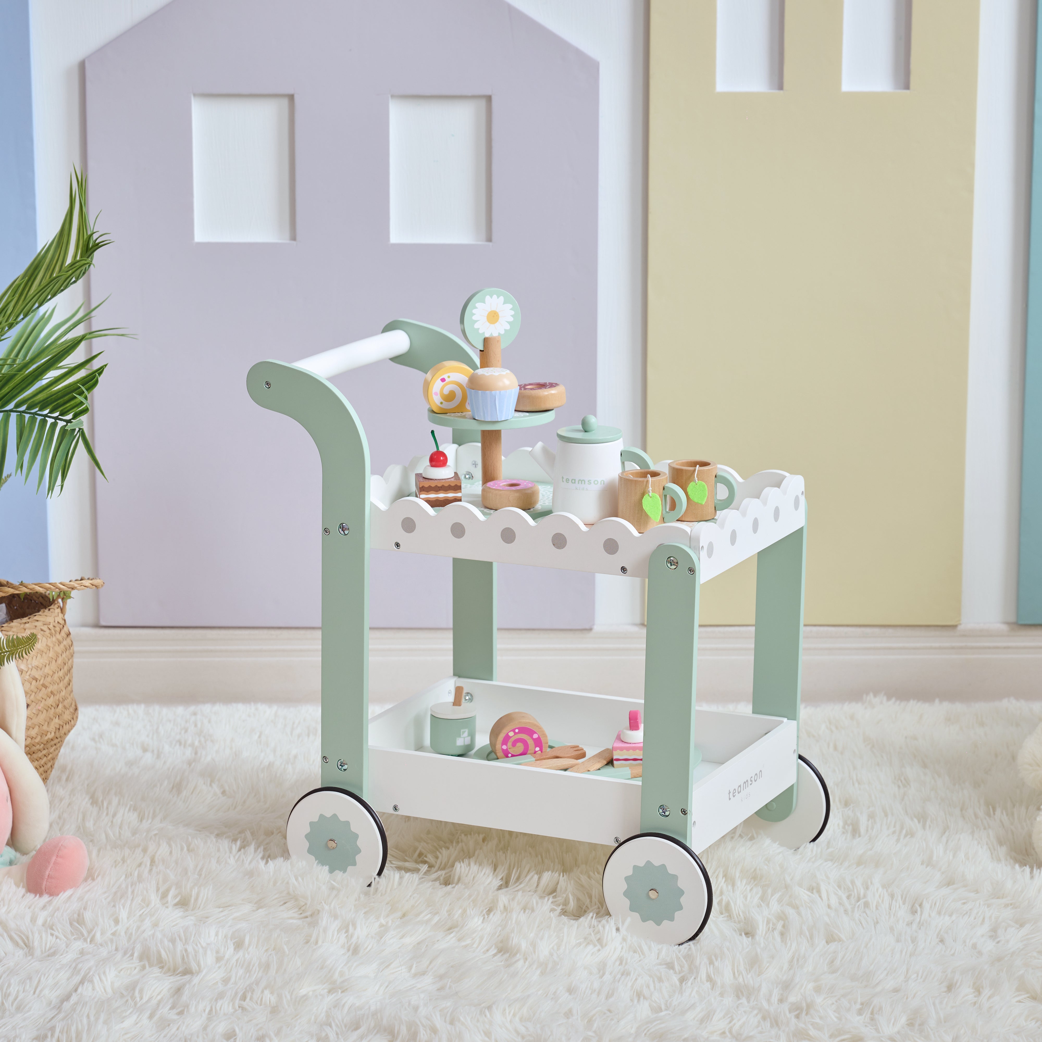 Afternoon Sip Wood Dessert Cart with 21 Pieces & Rotatable Wheels - Image 7