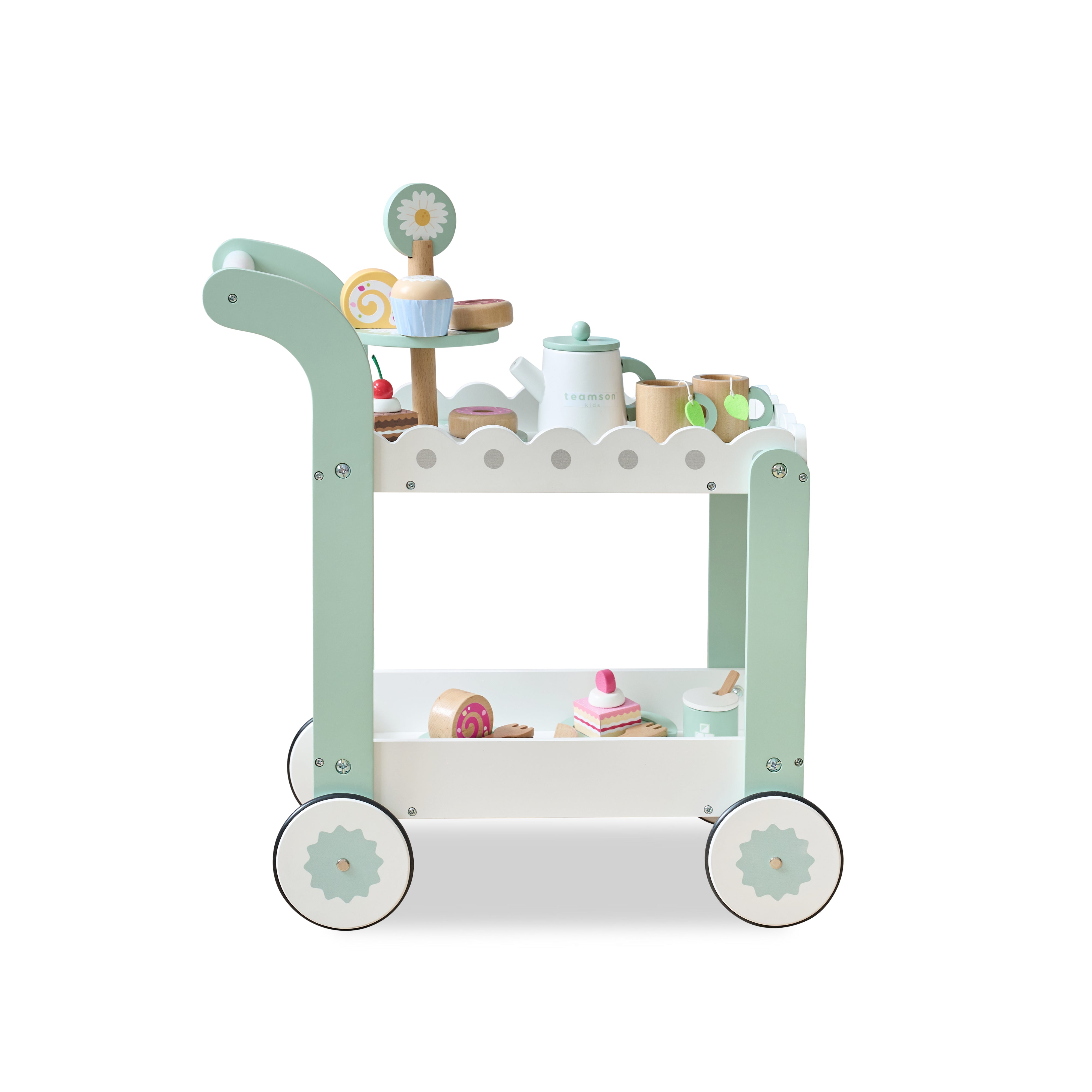 Afternoon Sip Wood Dessert Cart with 21 Pieces & Rotatable Wheels - Image 8