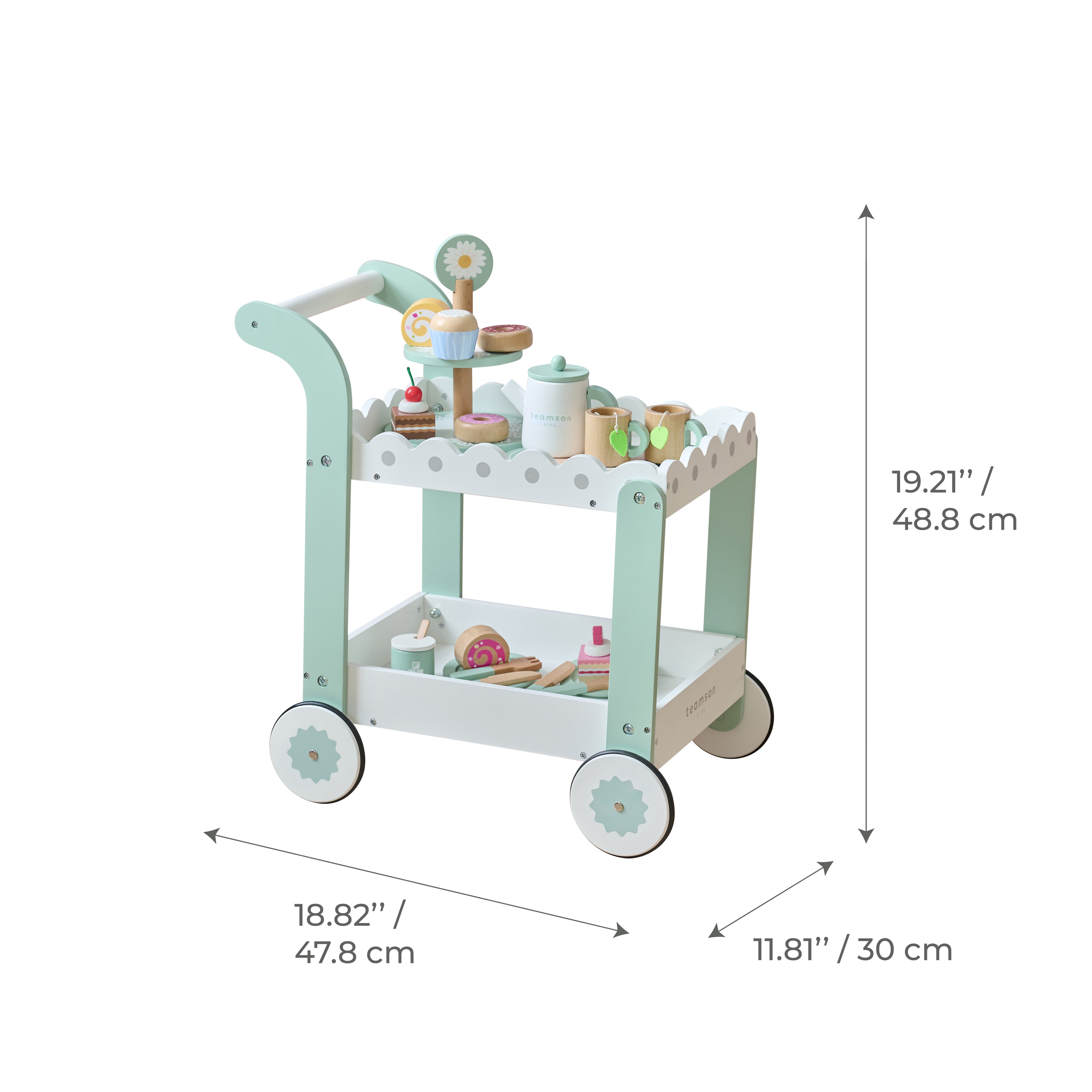 Afternoon Sip Wood Dessert Cart with 21 Pieces & Rotatable Wheels - Image 9