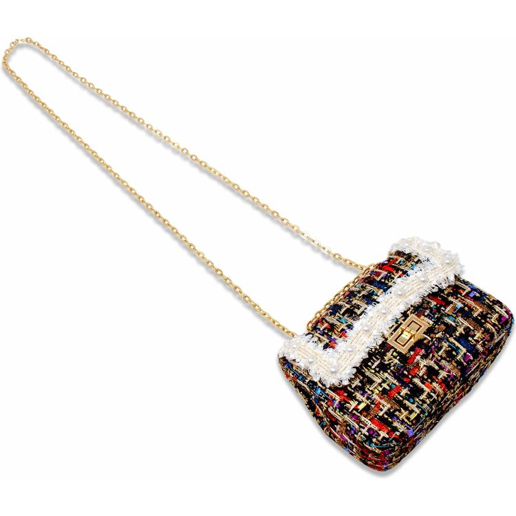 Classic Tweed Handbag with Pearls - Black - Image 4