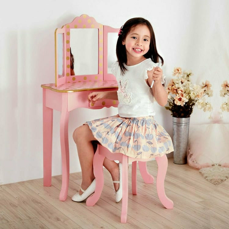 Gisele Polka Dot Vanity with Mirror & Stool - Pink - Image 3