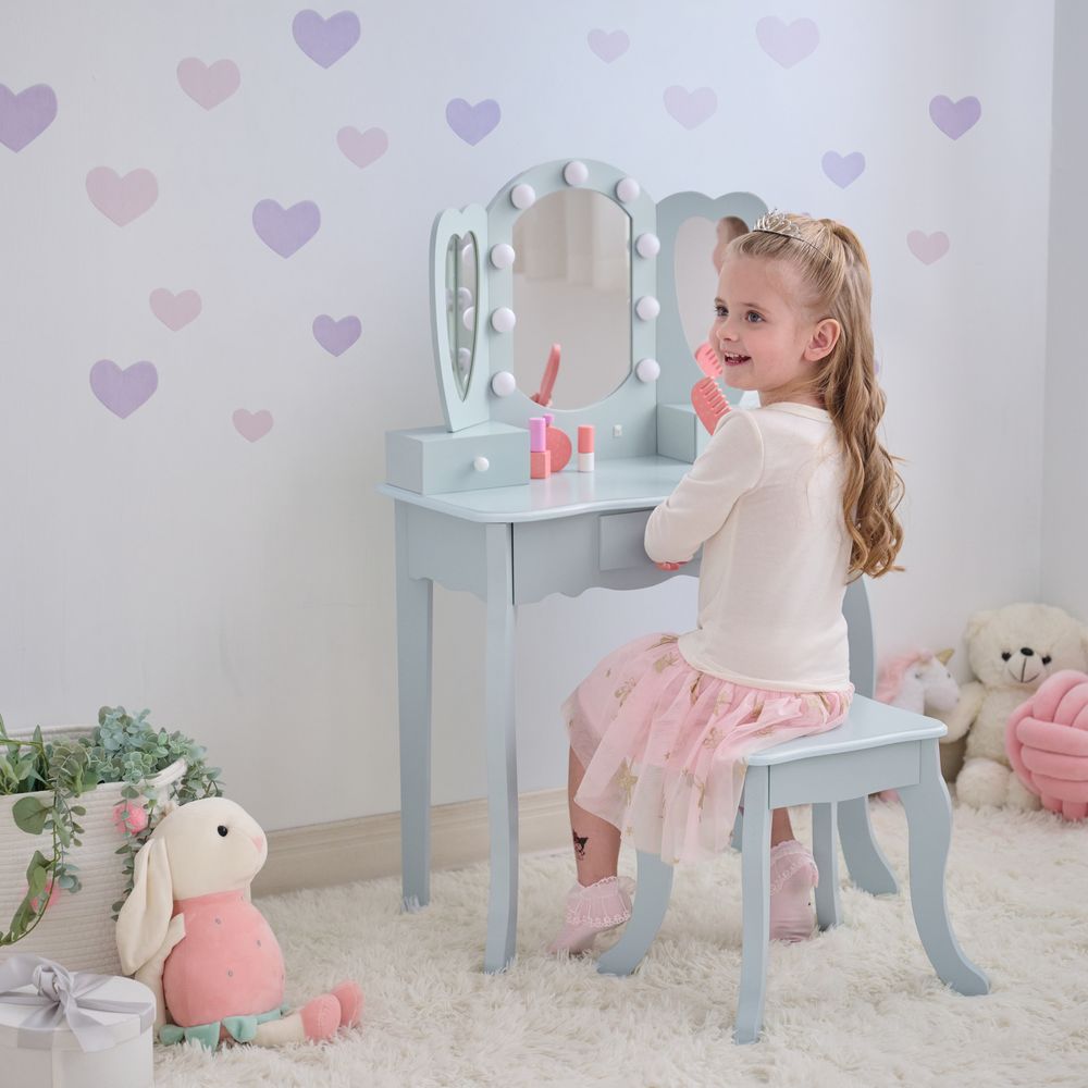 Alternative view of Heart Glow Wooden Vanity Set with LED Lights Mirror & Stool - Blue