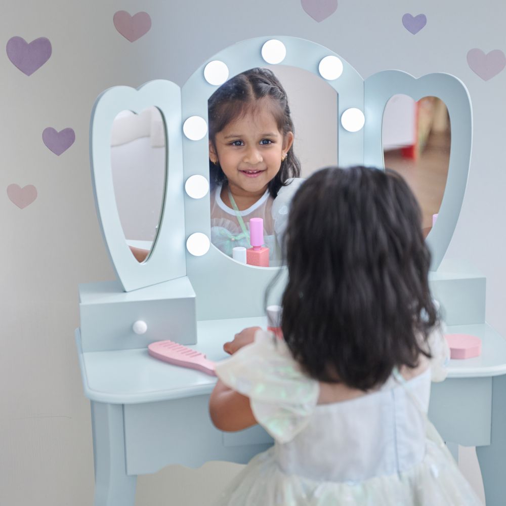 Heart Glow Wooden Vanity Set with LED Lights Mirror & Stool - Blue - Image 3