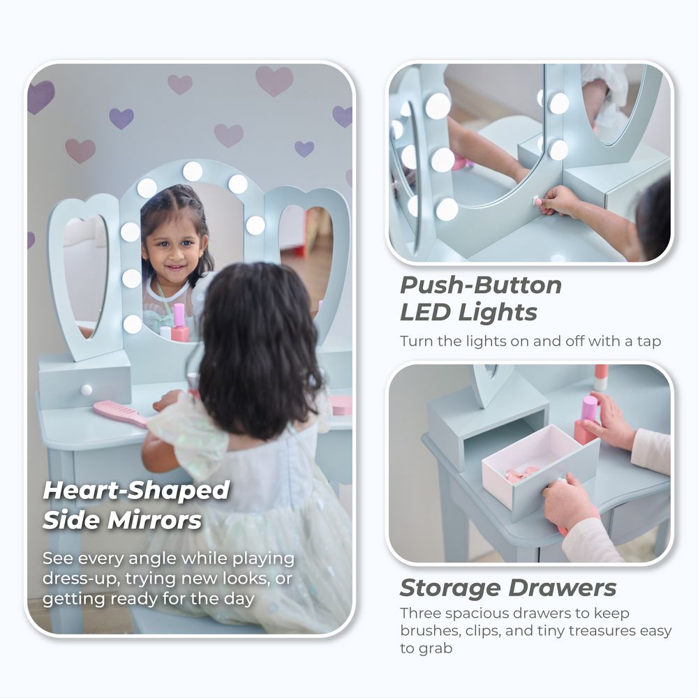Heart Glow Wooden Vanity Set with LED Lights Mirror & Stool - Blue - Image 4