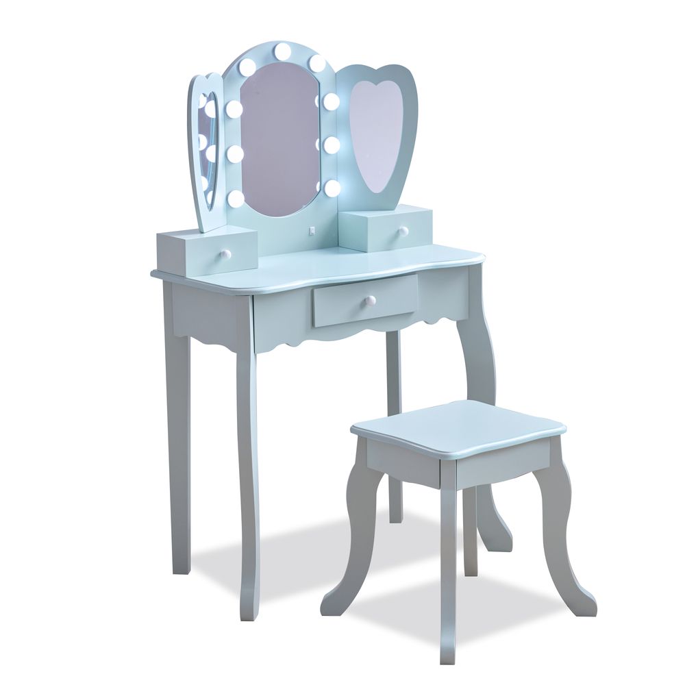 Heart Glow Wooden Vanity Set with LED Lights Mirror & Stool - Blue - Image 6