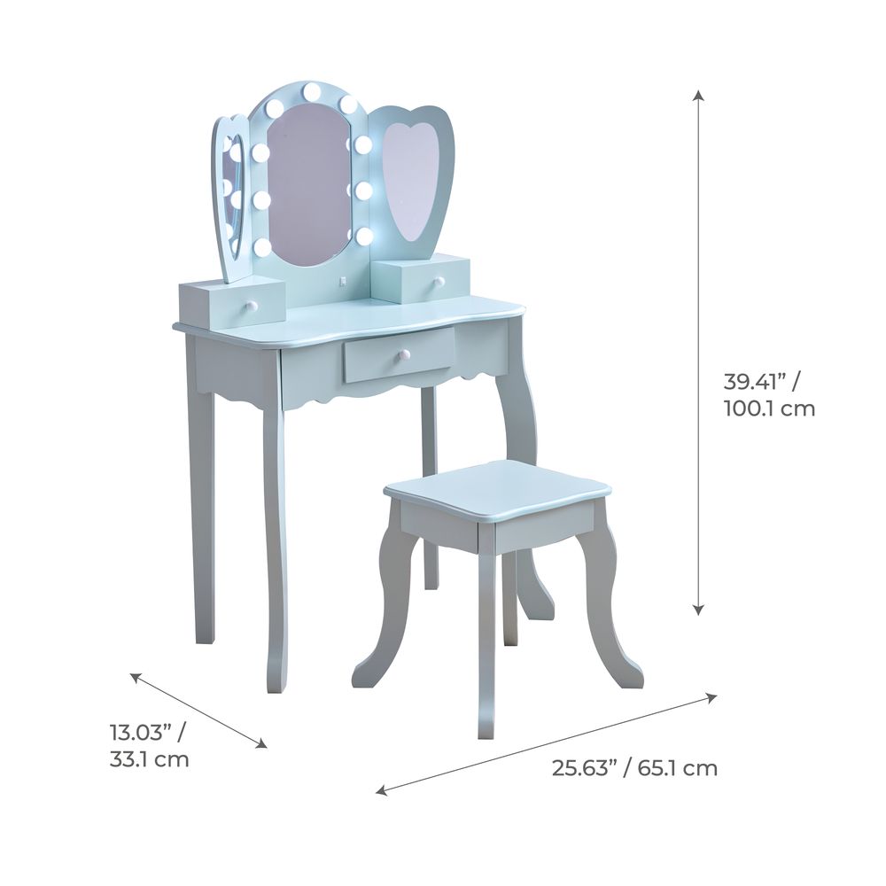 Heart Glow Wooden Vanity Set with LED Lights Mirror & Stool - Blue - Image 7