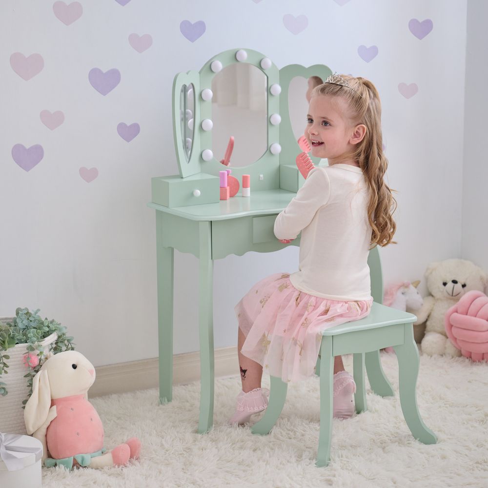 Alternative view of Heart Glow Wooden Vanity Set with LED Lights Mirror & Stool - Sage Green
