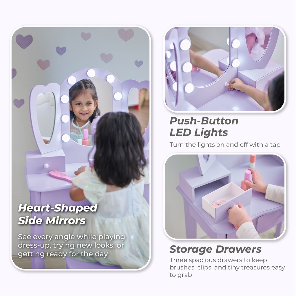 Heart Glow Wooden Vanity Set with LED Lights Mirror & Stool - Sage Green - Image 3