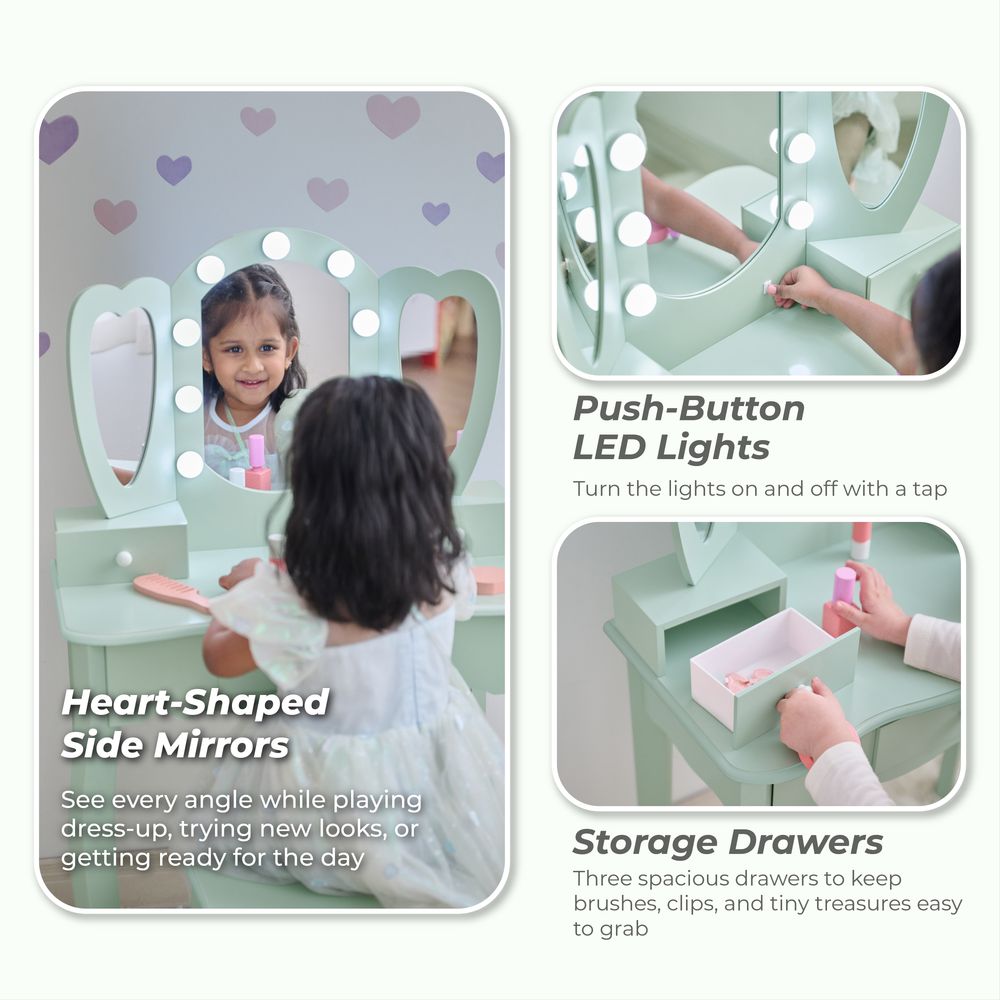 Heart Glow Wooden Vanity Set with LED Lights Mirror & Stool - Sage Green - Image 4