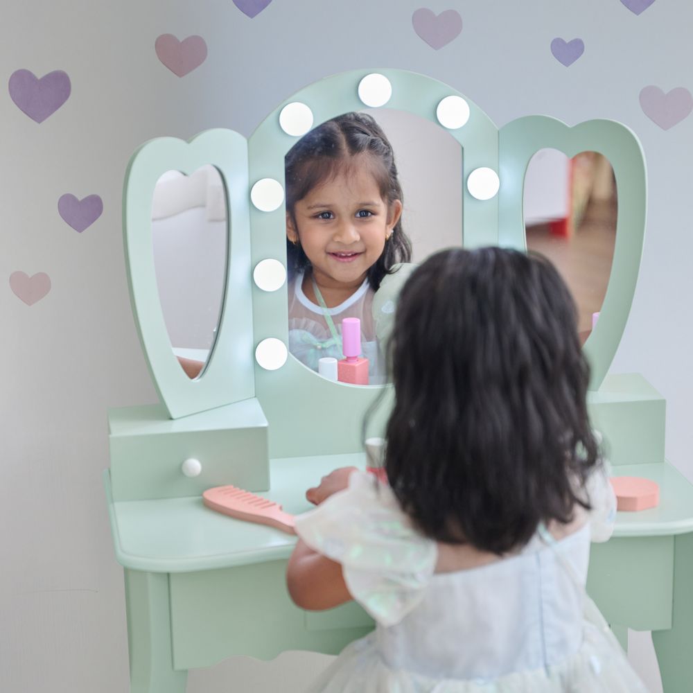 Heart Glow Wooden Vanity Set with LED Lights Mirror & Stool - Sage Green - Image 5