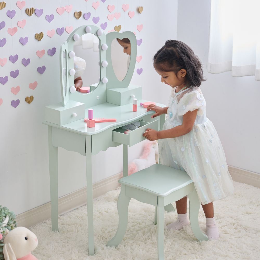 Heart Glow Wooden Vanity Set with LED Lights Mirror & Stool - Sage Green - Image 6