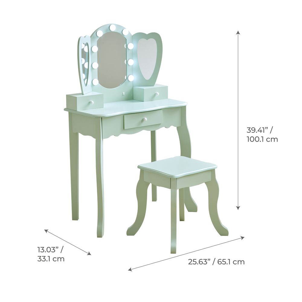 Heart Glow Wooden Vanity Set with LED Lights Mirror & Stool - Sage Green - Image 7