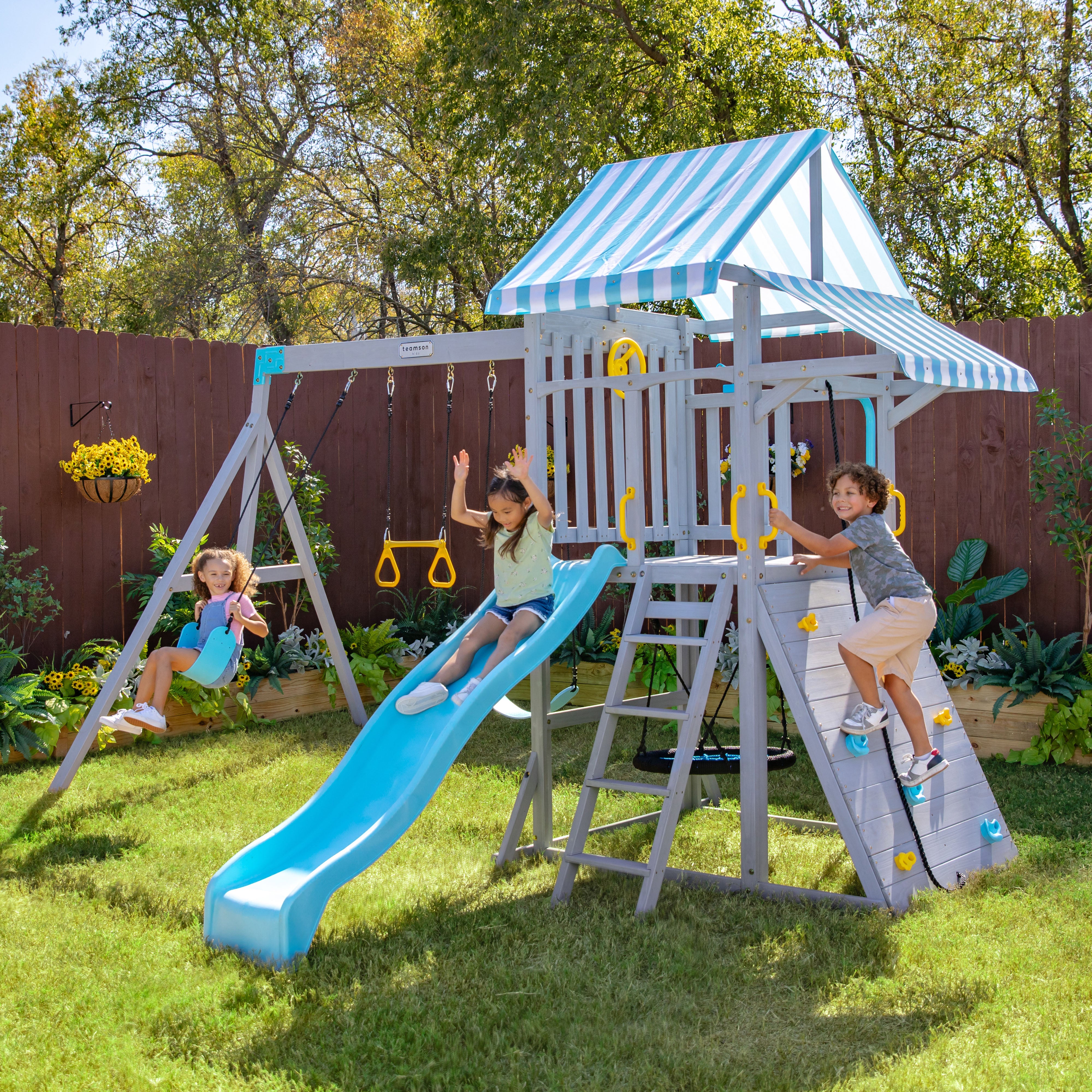 Alternative view of Laguna Wooden Swing Set with Slide & Rock Wall - Gray