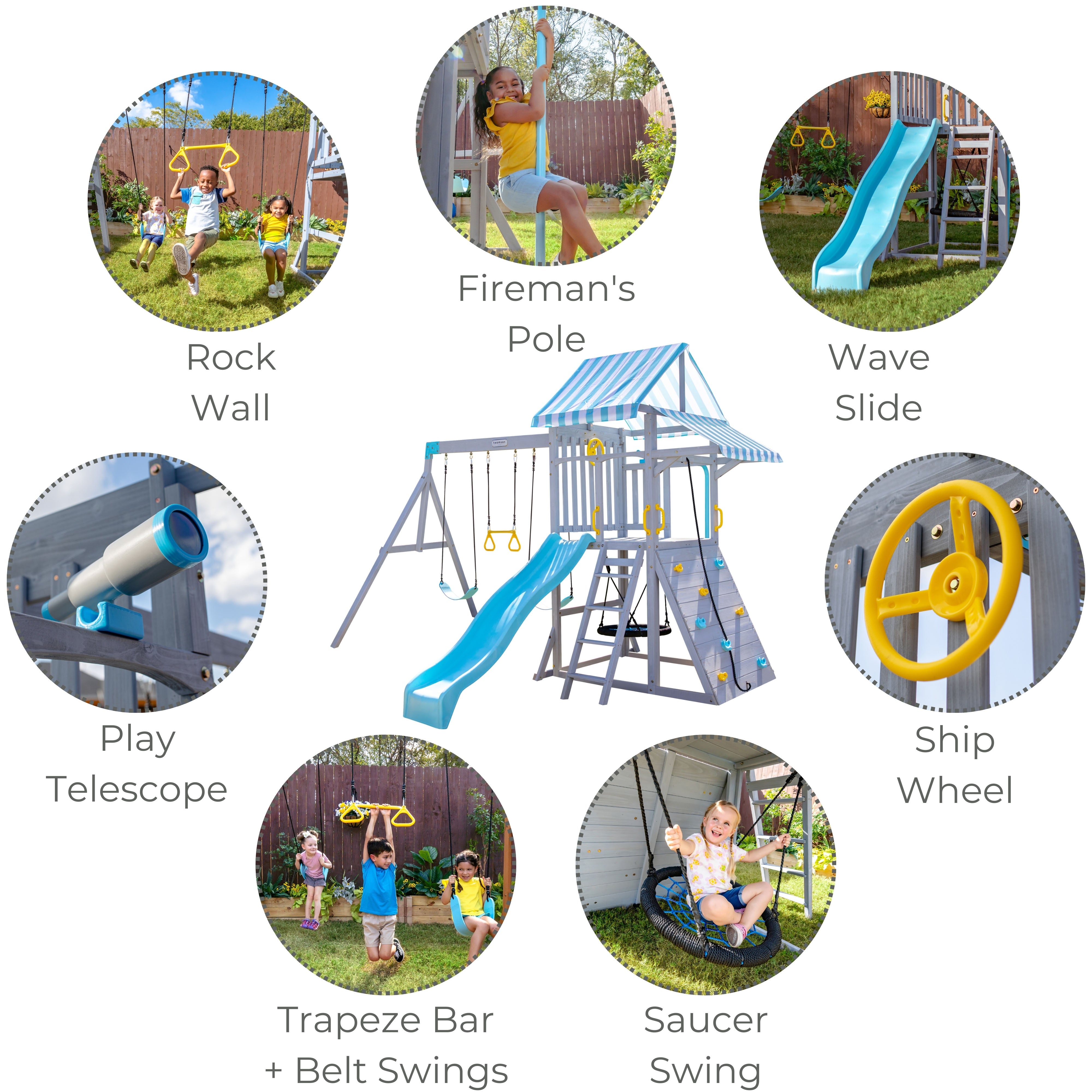 Laguna Wooden Swing Set with Slide & Rock Wall - Gray - Image 3