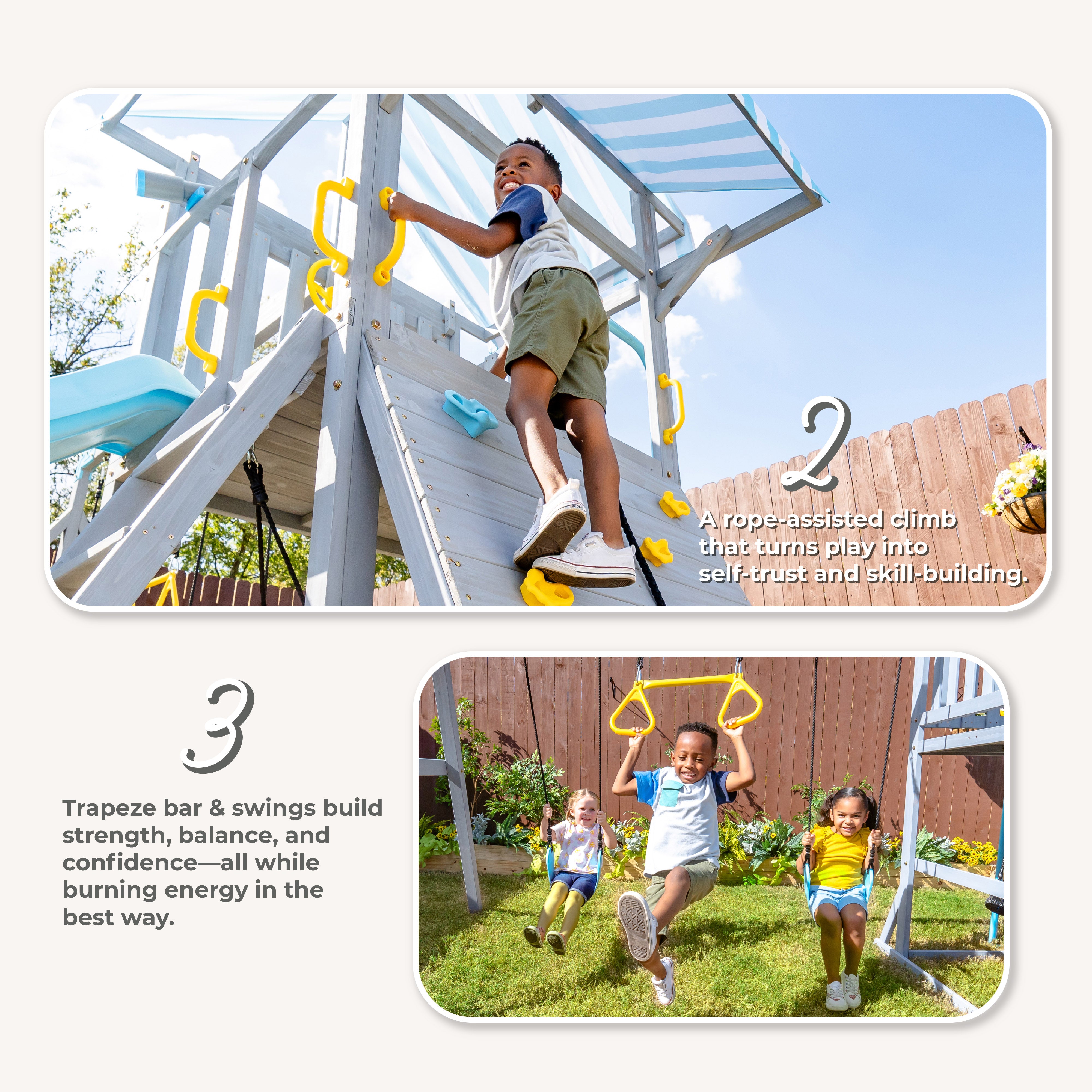 Laguna Wooden Swing Set with Slide & Rock Wall - Gray - Image 5