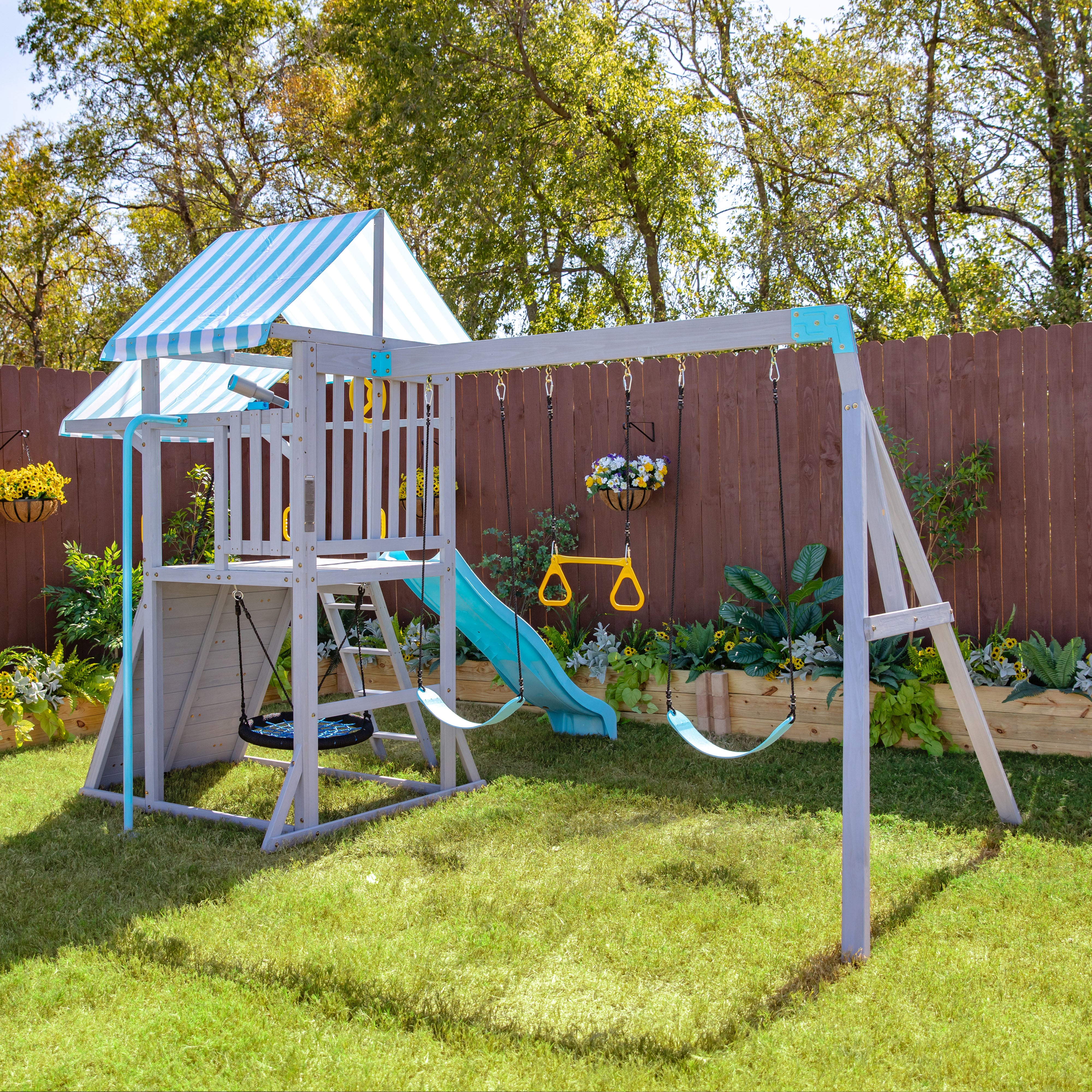 Laguna Wooden Swing Set with Slide & Rock Wall - Gray - Image 9