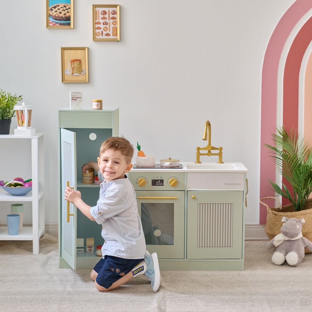 Little Chef Chester Wooden Play Kitchen with Large Fridge & Sink - Green - Image 2
