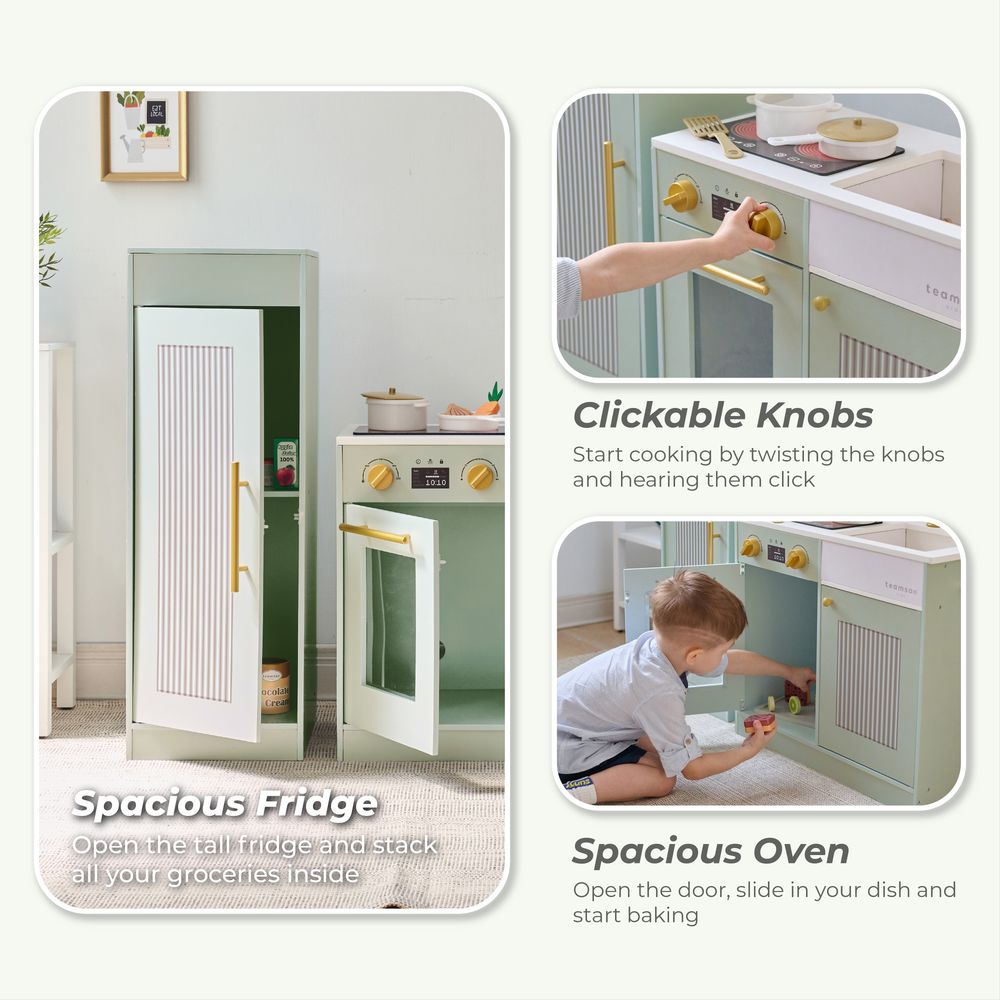 Little Chef Chester Wooden Play Kitchen with Large Fridge & Sink - Green - Image 3