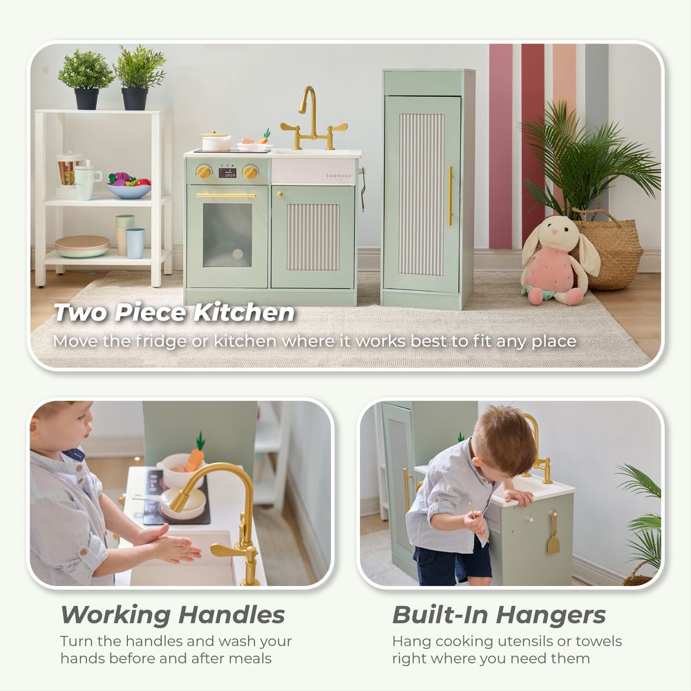 Little Chef Chester Wooden Play Kitchen with Large Fridge & Sink - Green - Image 4