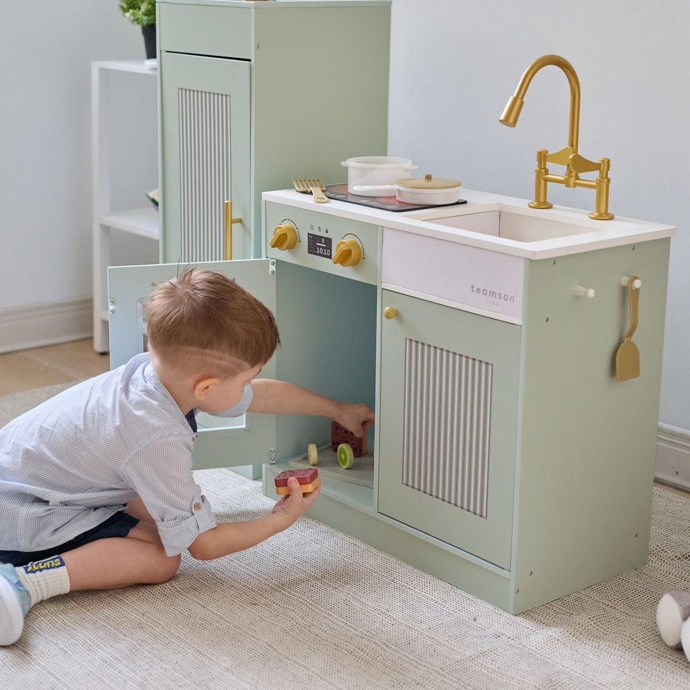 Little Chef Chester Wooden Play Kitchen with Large Fridge & Sink - Green - Image 5