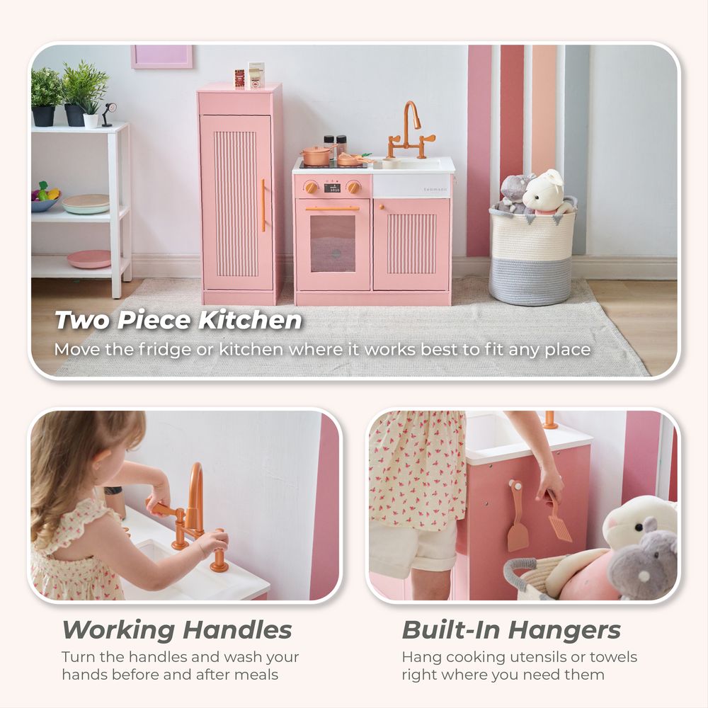 Little Chef Chester Wooden Play Kitchen with Large Fridge & Sink - Pink - Image 4