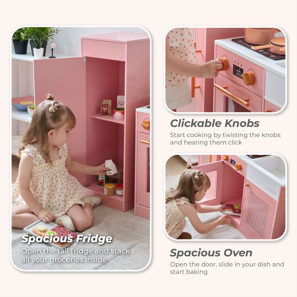 Little Chef Chester Wooden Play Kitchen with Large Fridge & Sink - Pink - Image 5