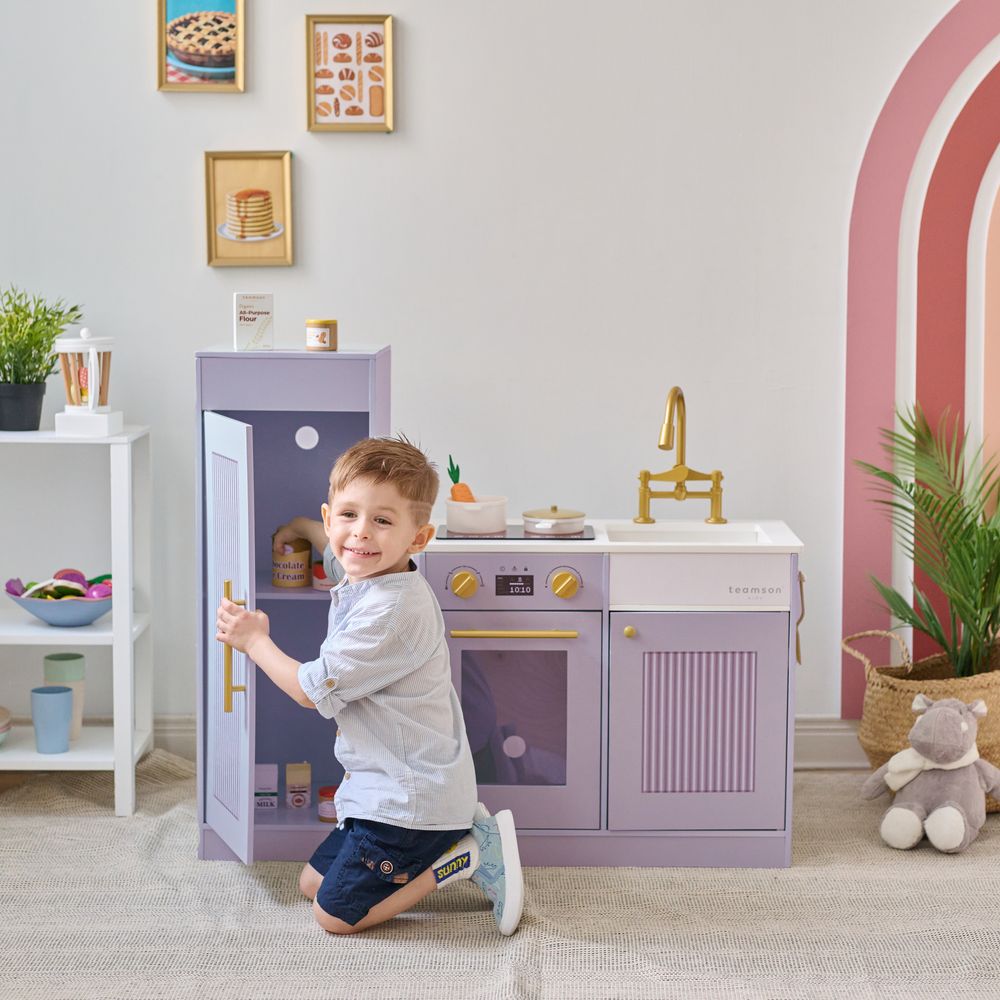 Little Chef Chester Wooden Play Kitchen with Large Fridge & Sink - Purple - Image 2