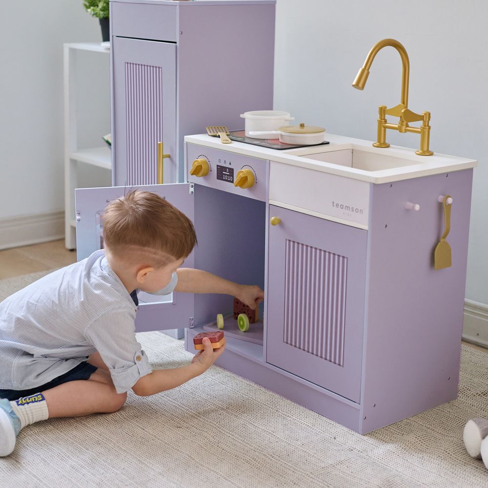 Little Chef Chester Wooden Play Kitchen with Large Fridge & Sink - Purple - Image 3