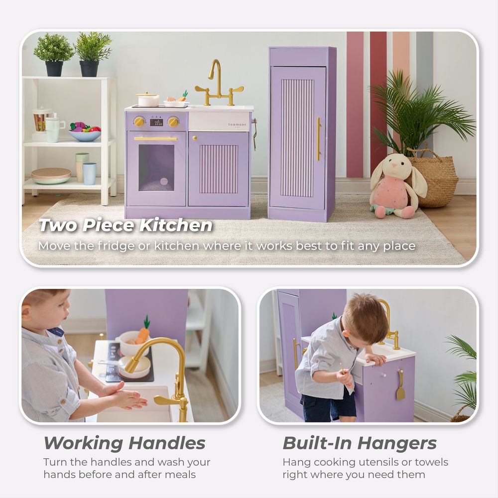 Little Chef Chester Wooden Play Kitchen with Large Fridge & Sink - Purple - Image 4