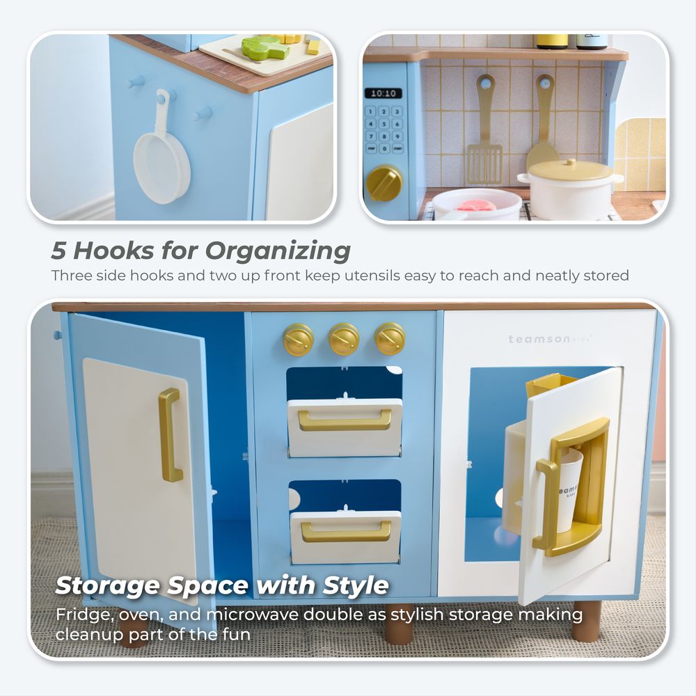 Little Chef Hampton Wooden Play Kitchen with Ice Dispenser & Sink - Blue - Image 4