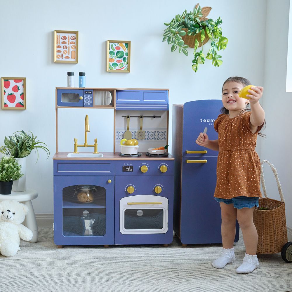 Little Chef Normandy Wooden Play Kitchen with Modular Fridge & Sink - Blue - Image 2