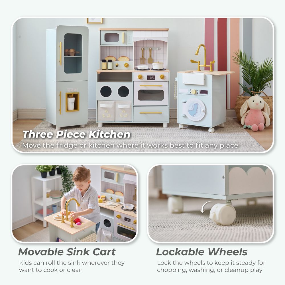 Little Chef Savannah Wooden Play Kitchen with 3 Modular Pieces - Light Blue - Image 3