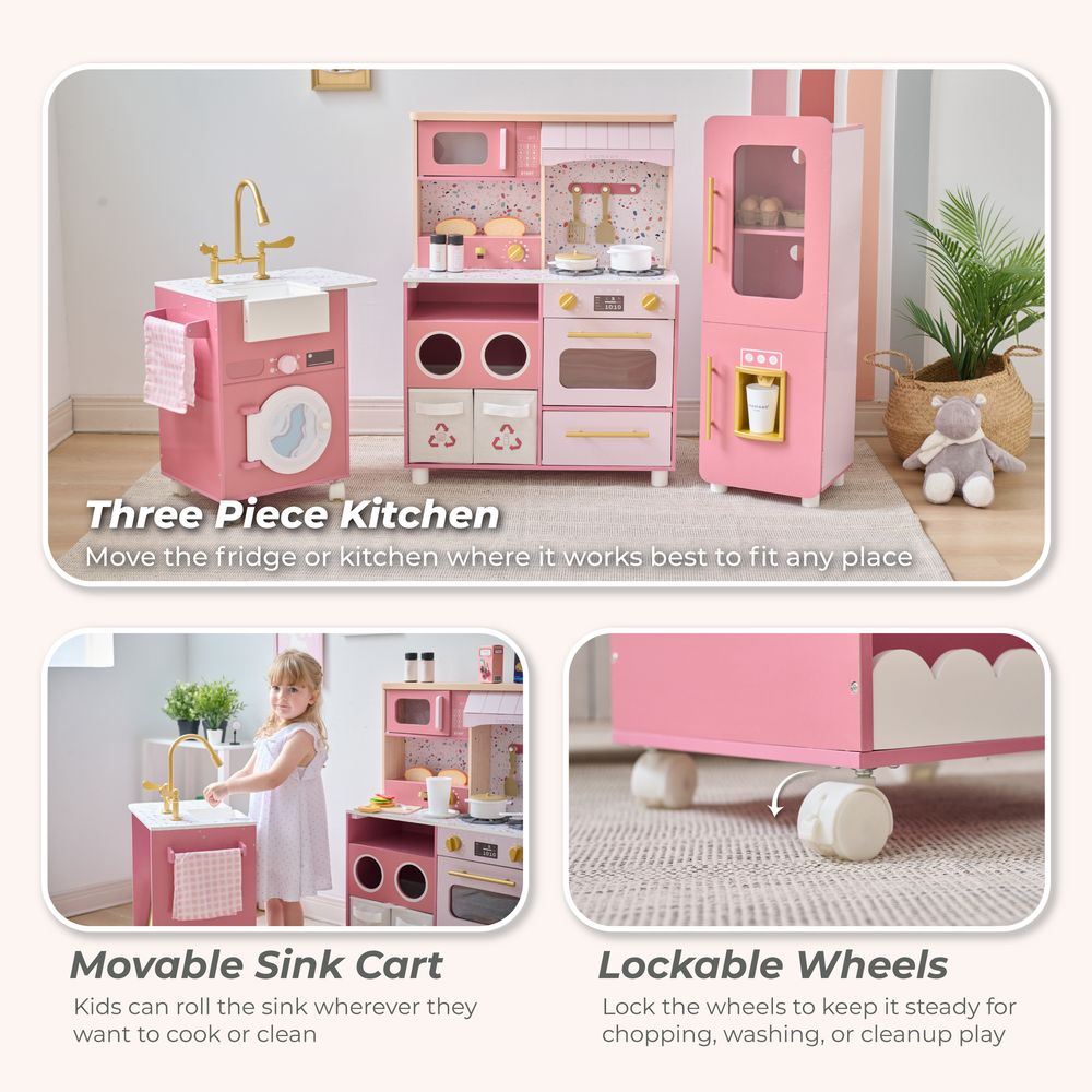 Little Chef Savannah Wooden Play Kitchen with 3 Modular Pieces - Pink - Image 3