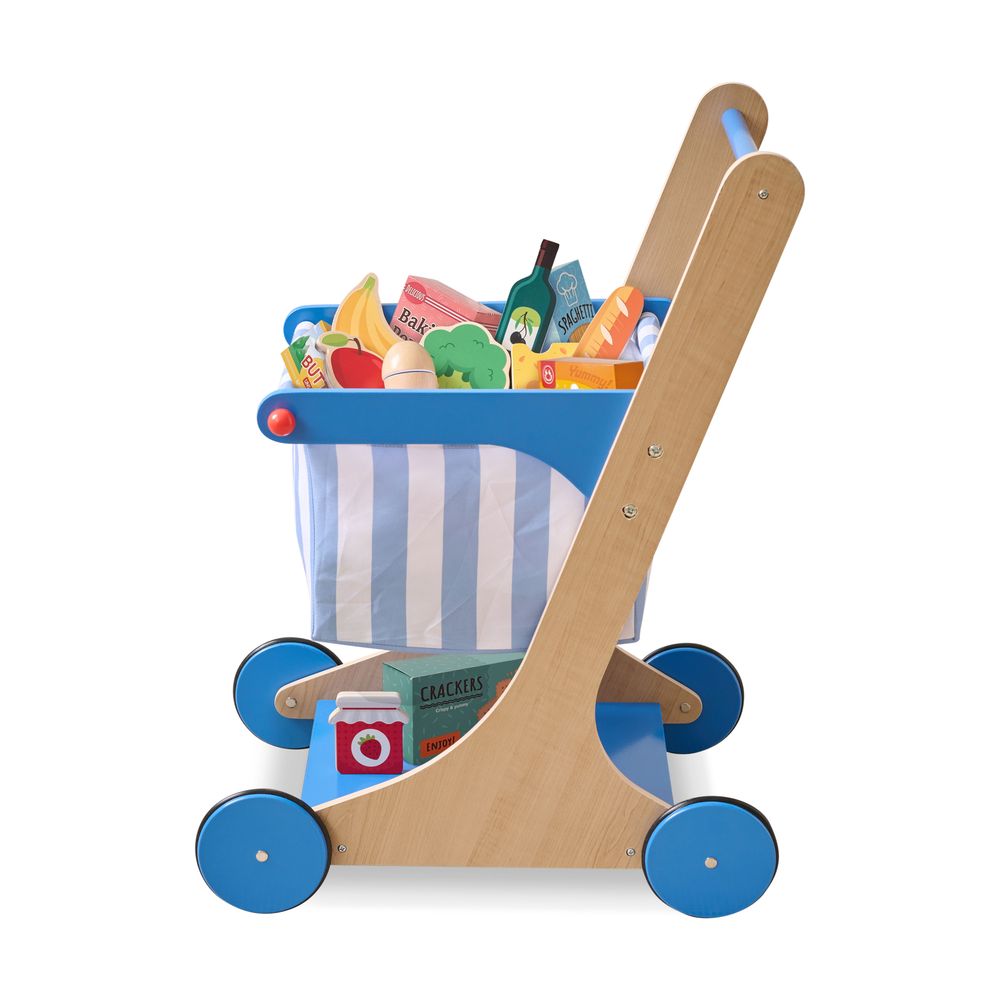Little Helper Mr. Fresh Wooden Shopping Cart with 13 Grocery Accessories - Blue