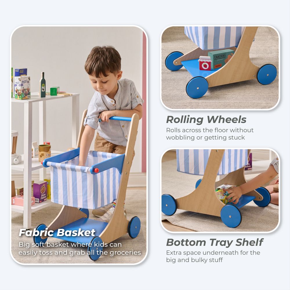 Little Helper Mr. Fresh Wooden Shopping Cart with 13 Grocery Accessories - Blue - Image 4