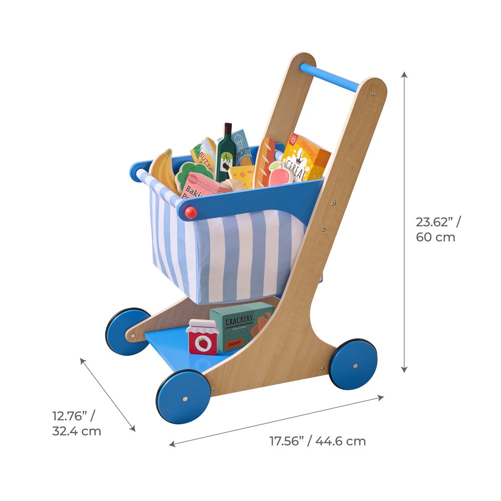 Little Helper Mr. Fresh Wooden Shopping Cart with 13 Grocery Accessories - Blue - Image 5