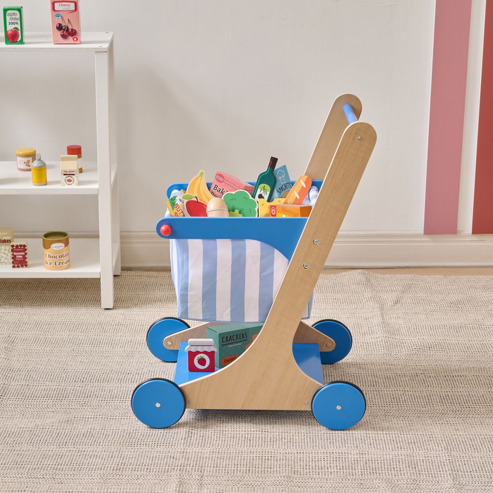 Little Helper Mr. Fresh Wooden Shopping Cart with 13 Grocery Accessories - Blue - Image 6