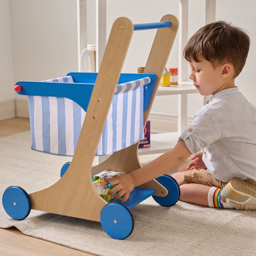 Little Helper Mr. Fresh Wooden Shopping Cart with 13 Grocery Accessories - Blue - Image 7