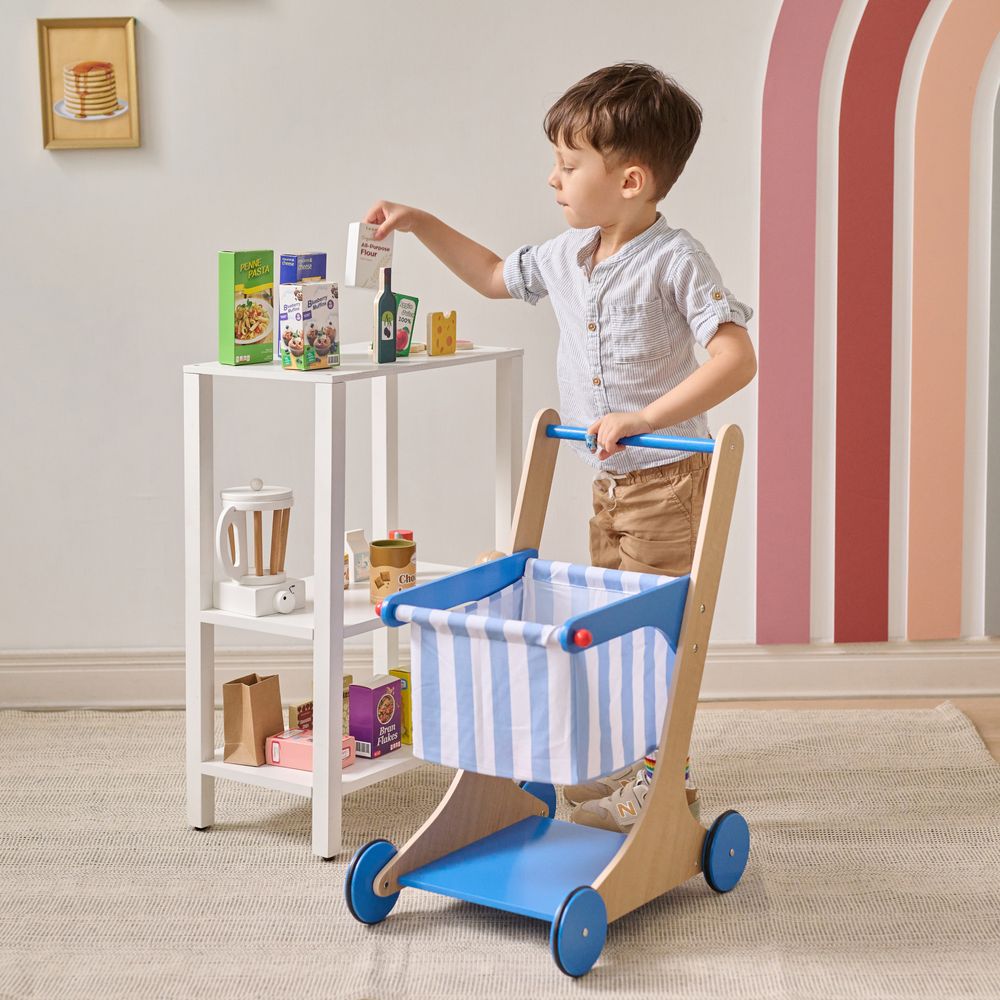 Little Helper Mr. Fresh Wooden Shopping Cart with 13 Grocery Accessories - Blue - Image 8