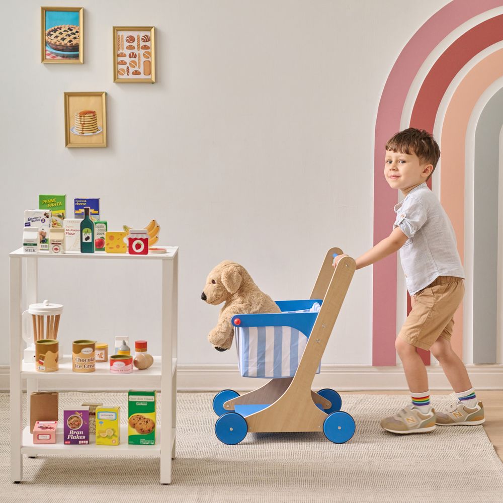 Little Helper Mr. Fresh Wooden Shopping Cart with 13 Grocery Accessories - Blue - Image 9