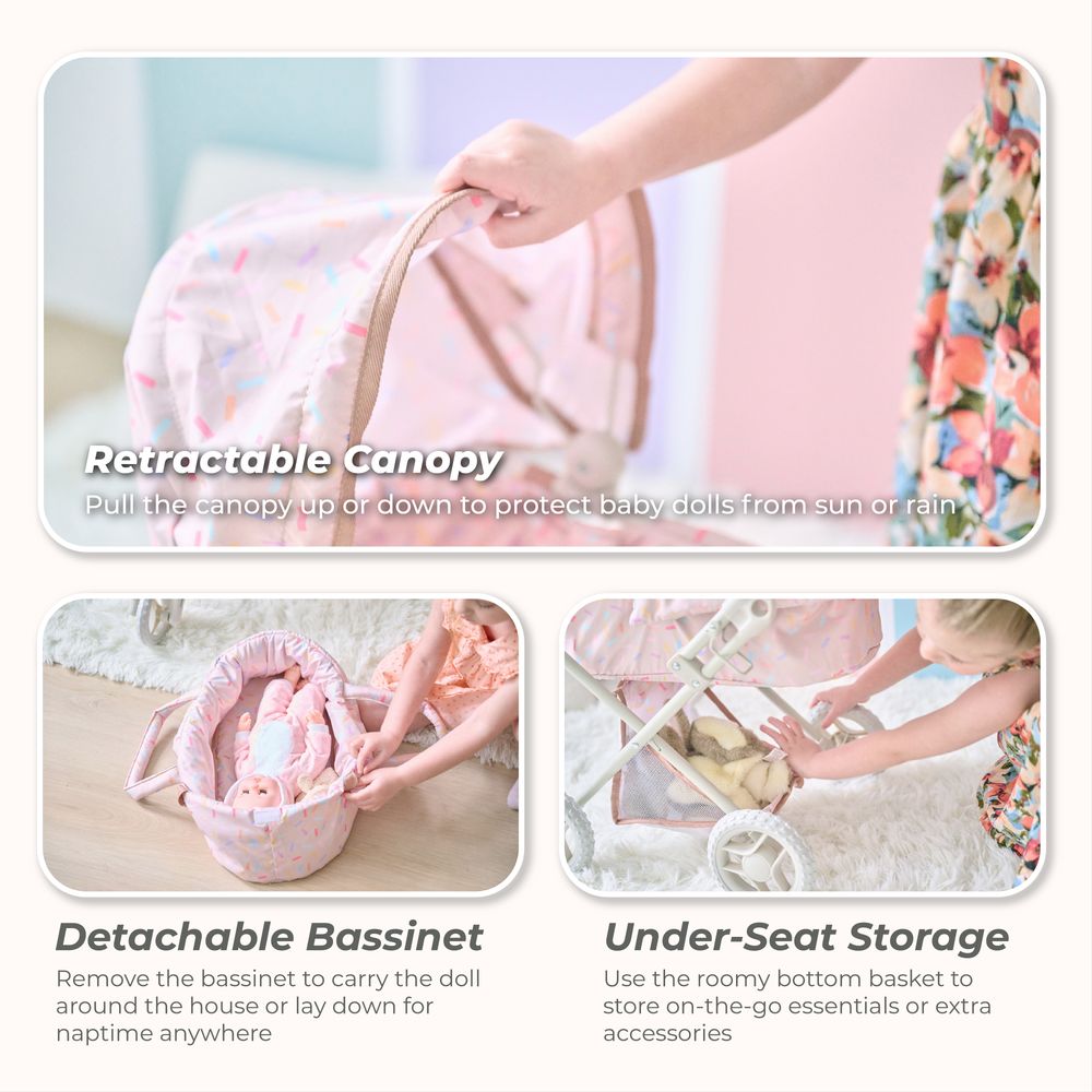 Olivia's Little World Confetti Doll Classic Stroller with Removable Bassinet - Image 4