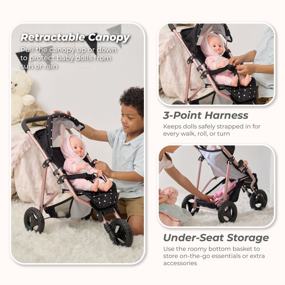 Olivia's Little World Pin Up Doll Jogging Stroller & Retractable Canopy - Black - Image 3