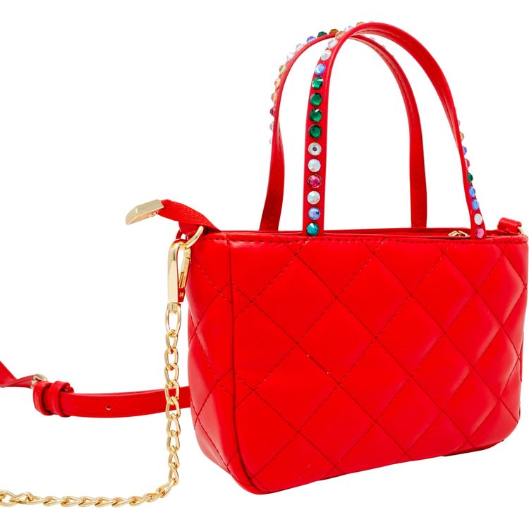 Quilted Rhinestone Tote Bag - Red - Image 3