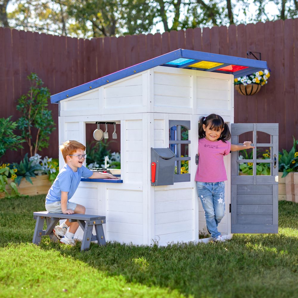 Alternative view of Rainbow Shade Wooden Playhouse with Kitchen, Flower Box & Bench - White