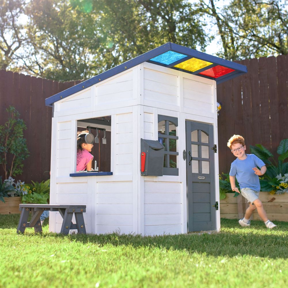 Rainbow Shade Wooden Playhouse with Kitchen, Flower Box & Bench - White - Image 4