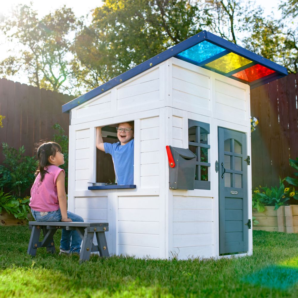 Rainbow Shade Wooden Playhouse with Kitchen, Flower Box & Bench - White - Image 5